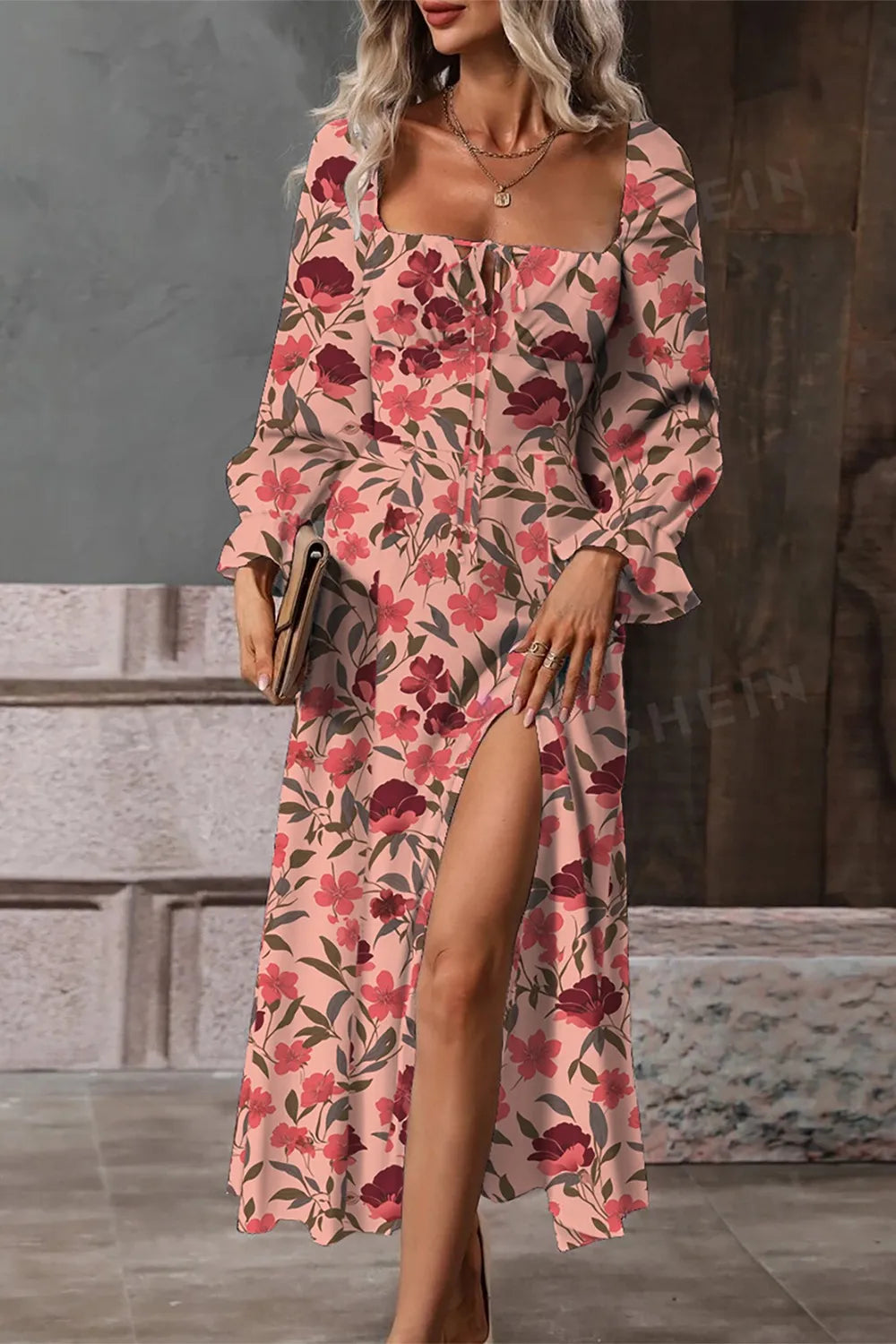 Floral Square-Neck Flounce-Sleeve Slit Midi Dress