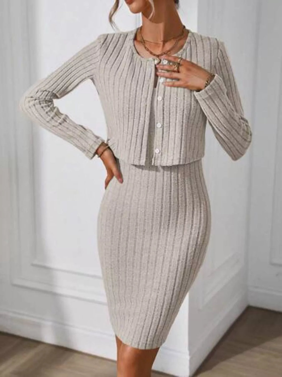 Khaki Ribbed Cami Dress with Cardigan
