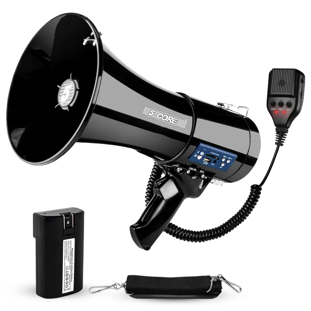 5 Core Megaphone 50W — Bluetooth Rechargeable Bullhorn with Siren, 1100 Yard Range — Prime Trend Market