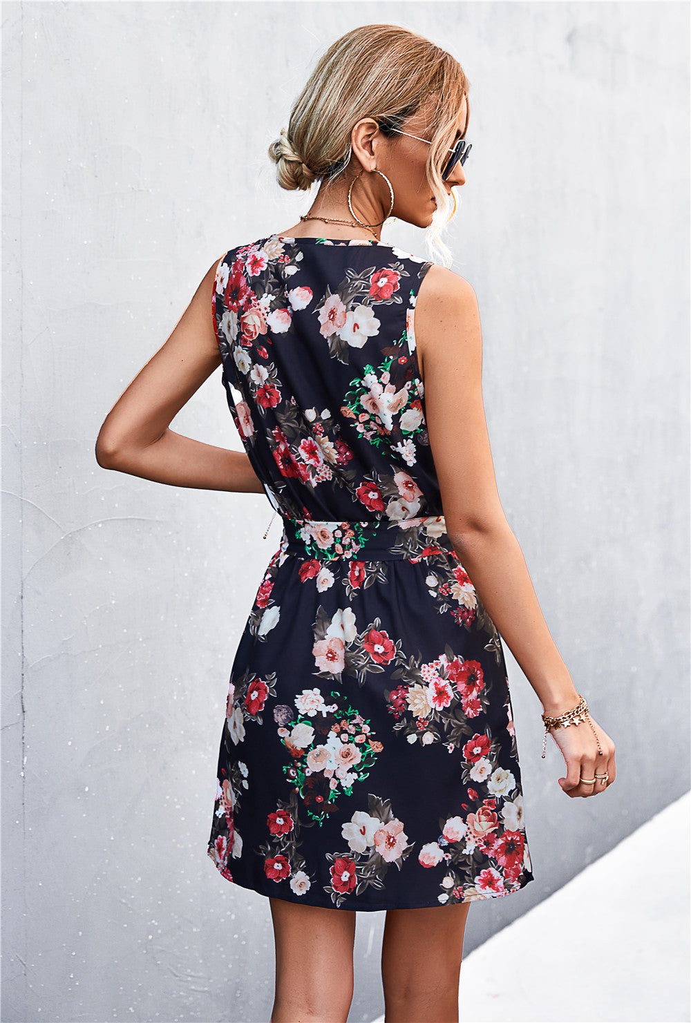 Printed Zip-Detail Belted Sleeveless Mini Dress