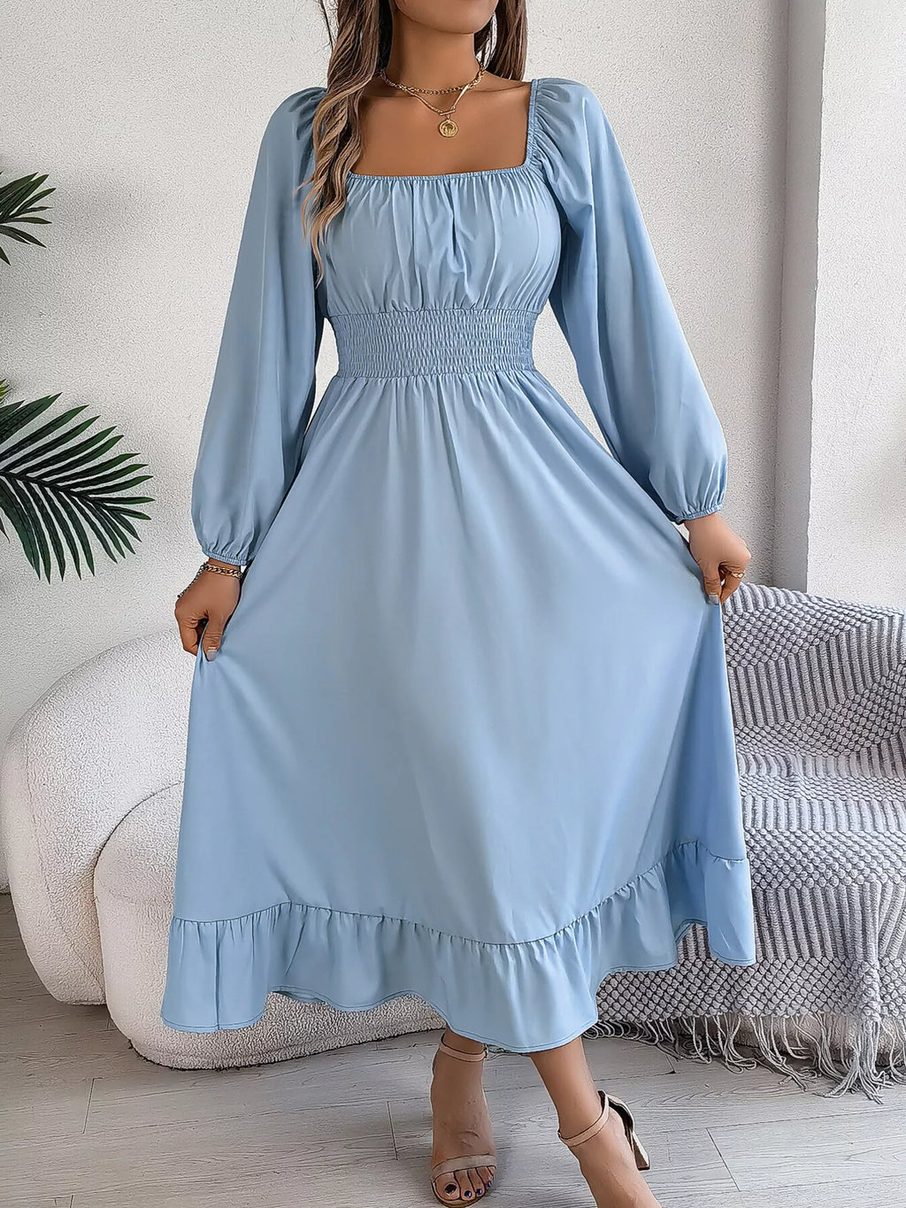 Square-Neck Smocked-Waist Long-Sleeve Midi Dress