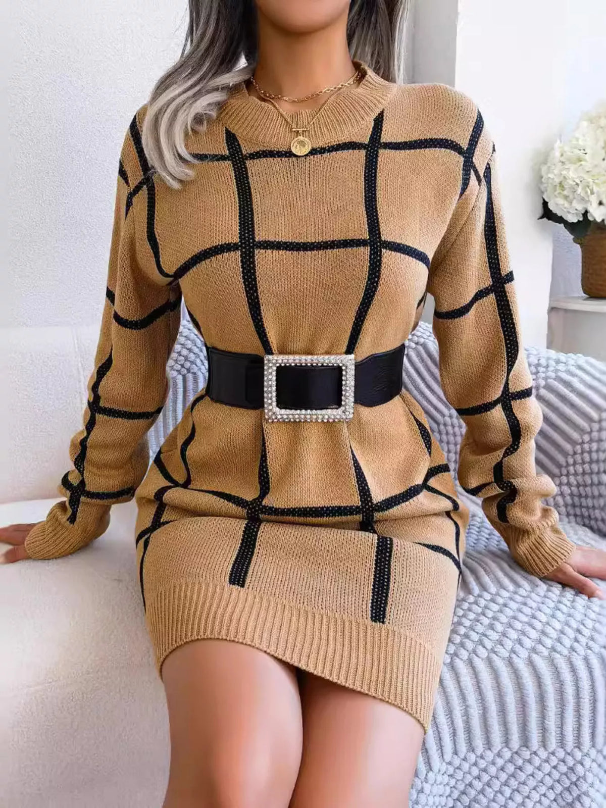 Windowpane Plaid Round-Neck Sweater Mini Dress