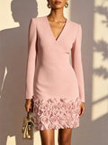V-Neck Long-Sleeve Mini Dress with 3D Rose Hem