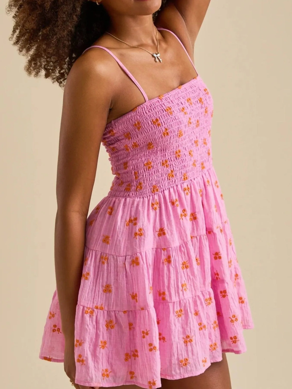 Pink Floral Smocked Tiered Cami Mini Dress