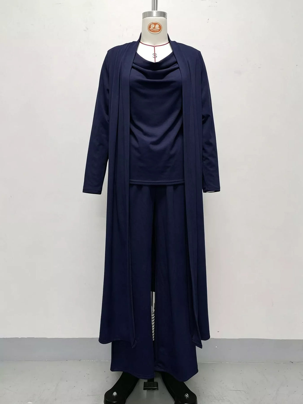 Cowl-Neck Top, Cardigan & Wide-Leg Pants Three-Piece Set