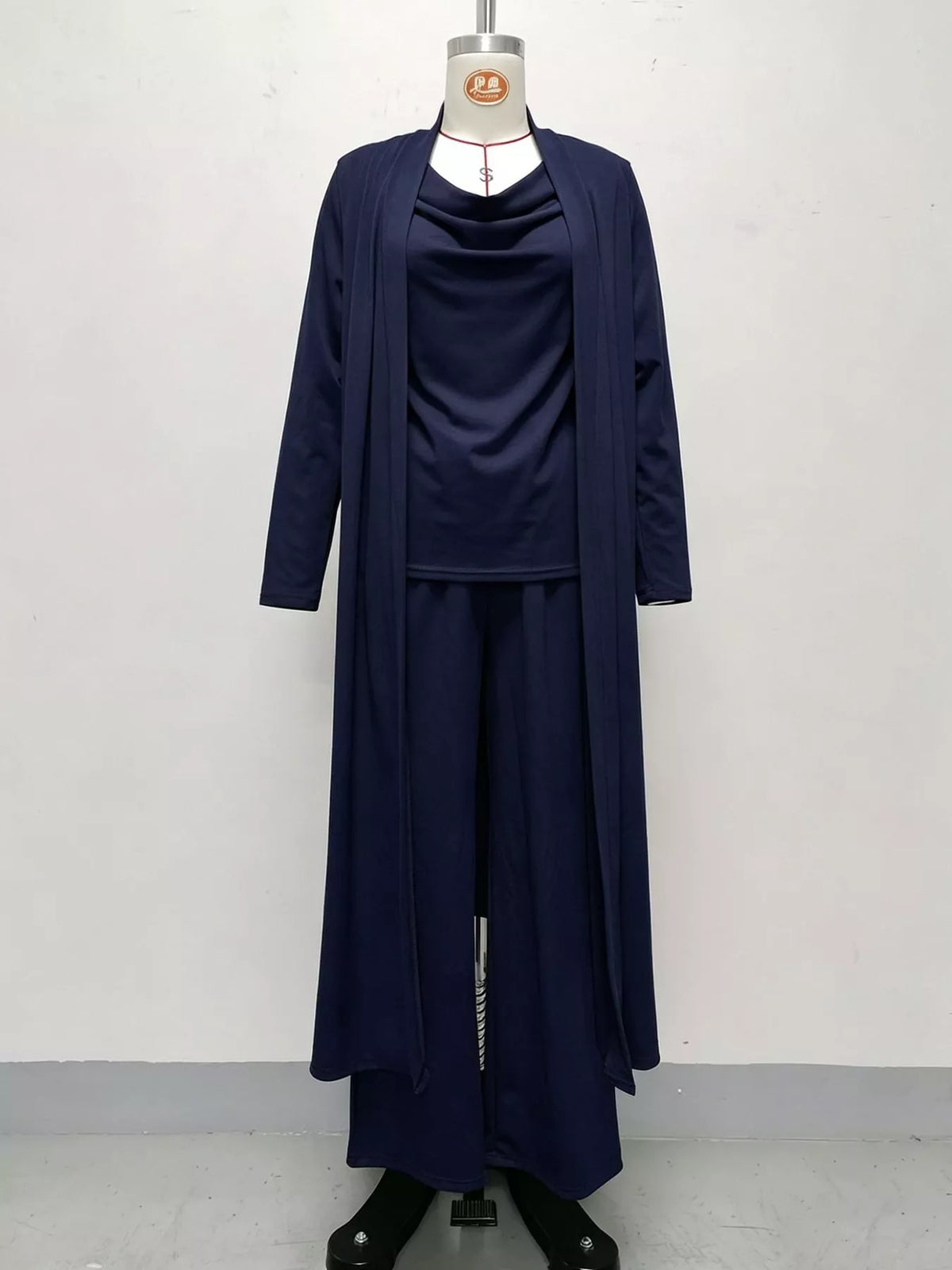 Cowl-Neck Top, Cardigan & Wide-Leg Pants Three-Piece Set