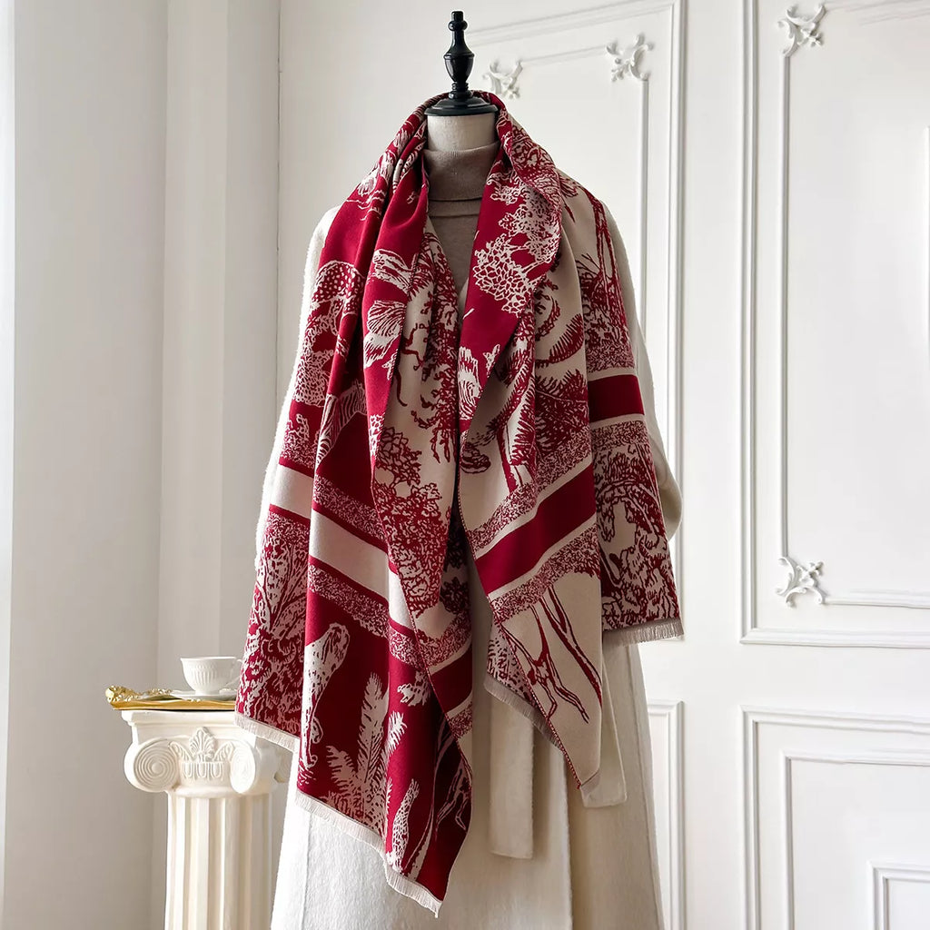 Deep Red Wildlife Raw-Hem Scarf