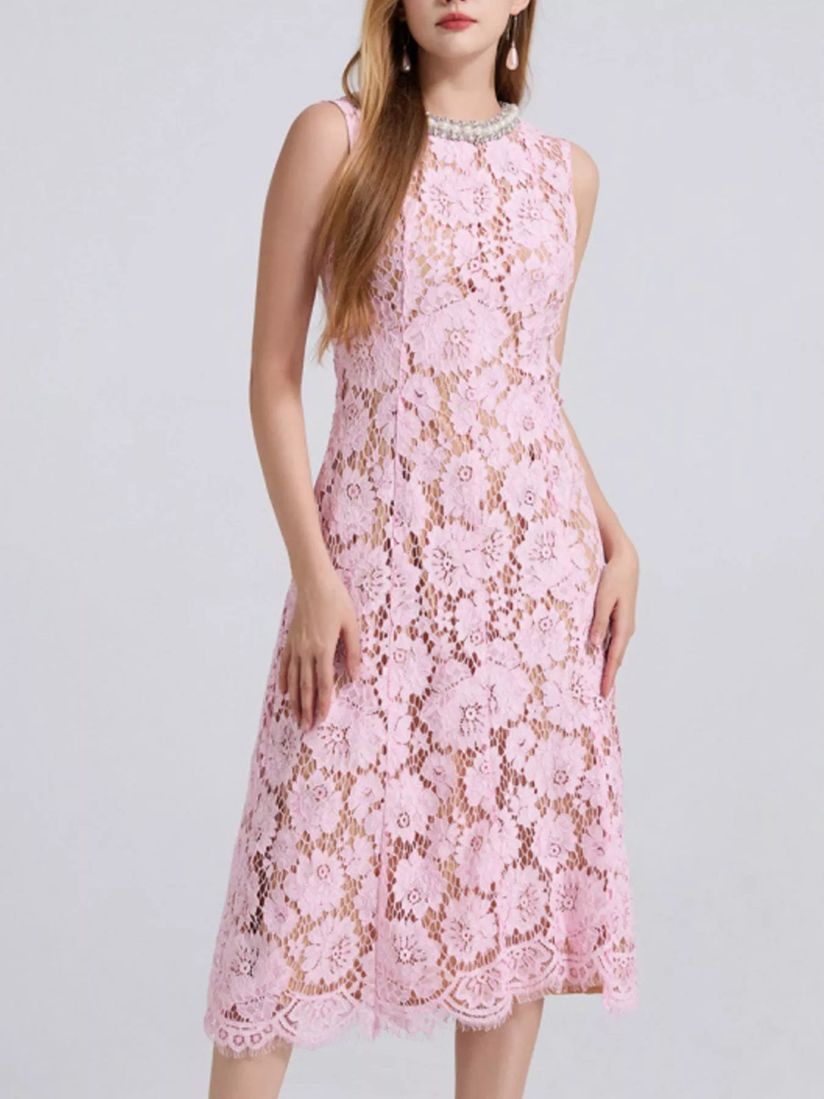 Pearl-Look Neckline Sleeveless Lace Dress