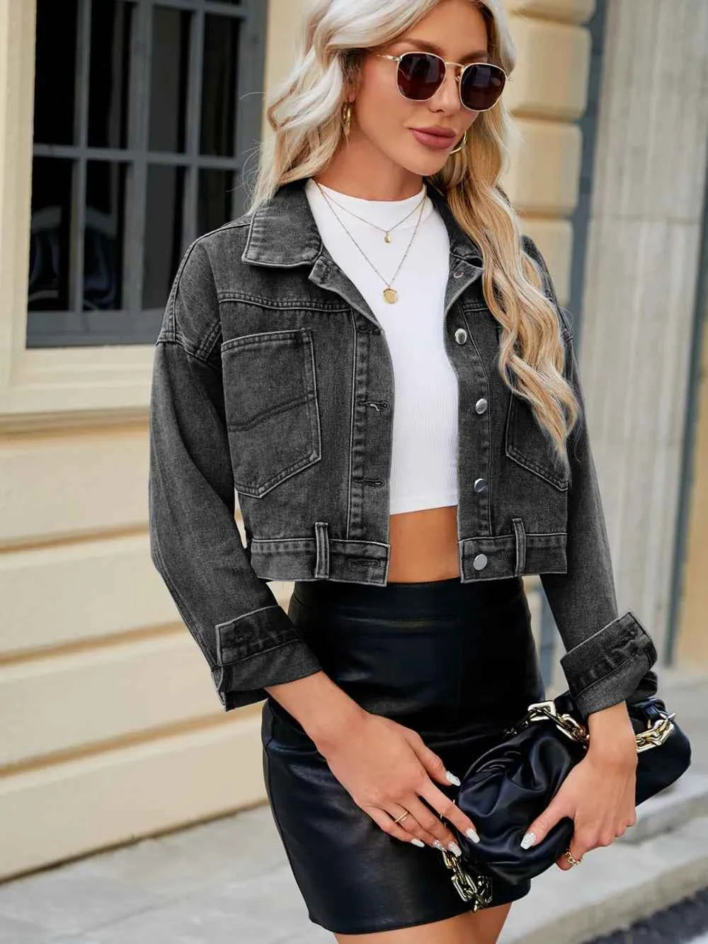 Cropped Button-Front Denim-Look Jacket