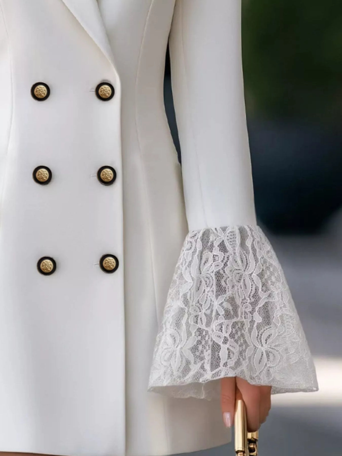 Double-Breasted Blazer Dress with Lace Flare Cuffs