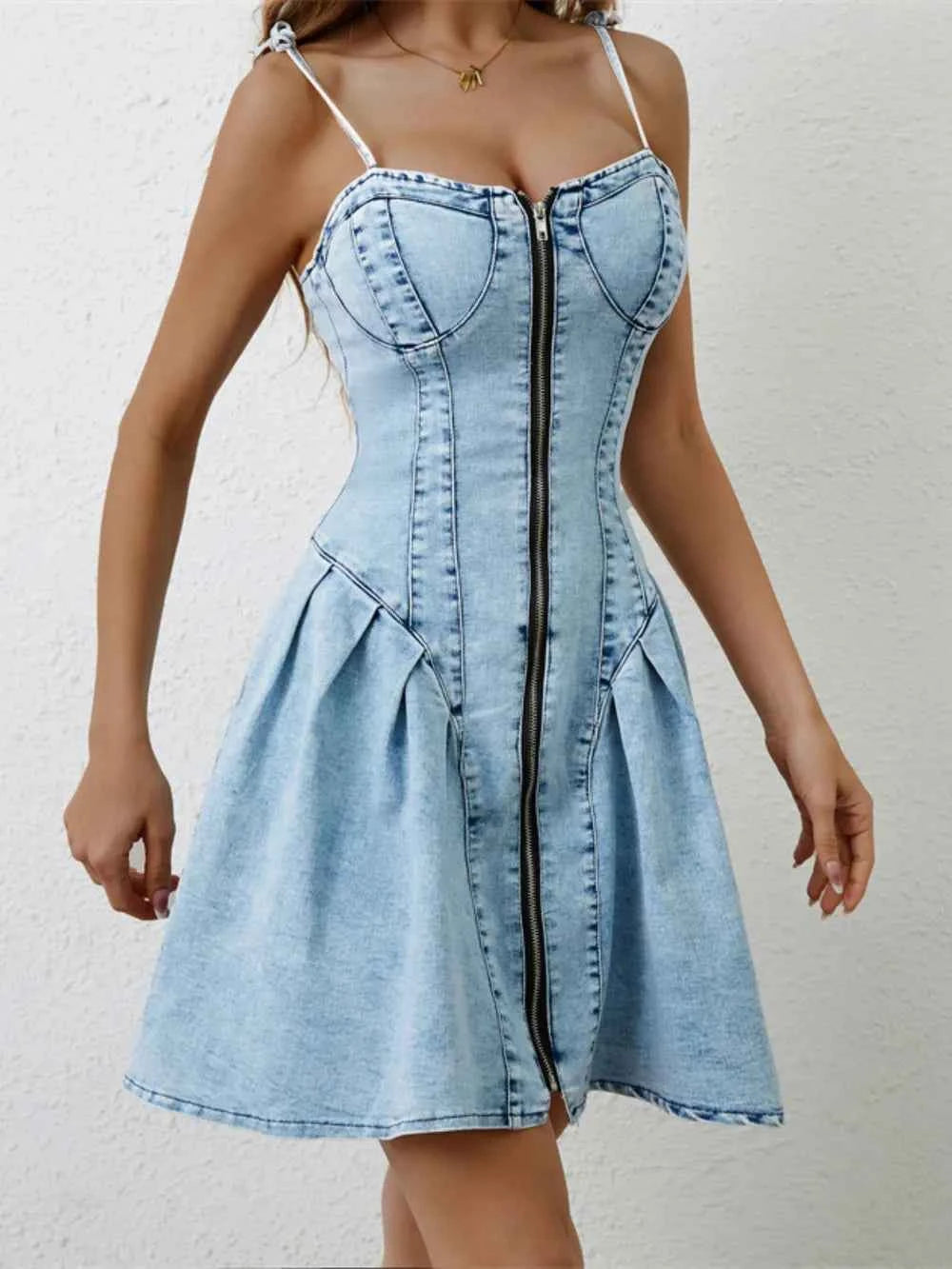 Zip-Front Spaghetti-Strap Denim Mini Dress