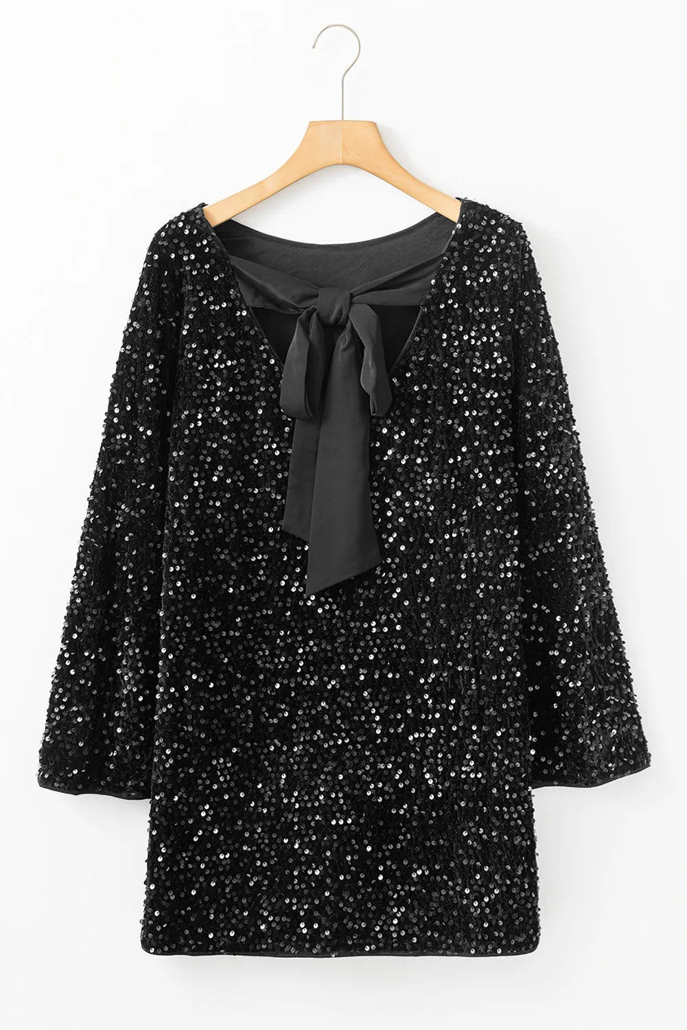 Black Sequin Bow-Back Long-Sleeve Mini Dress