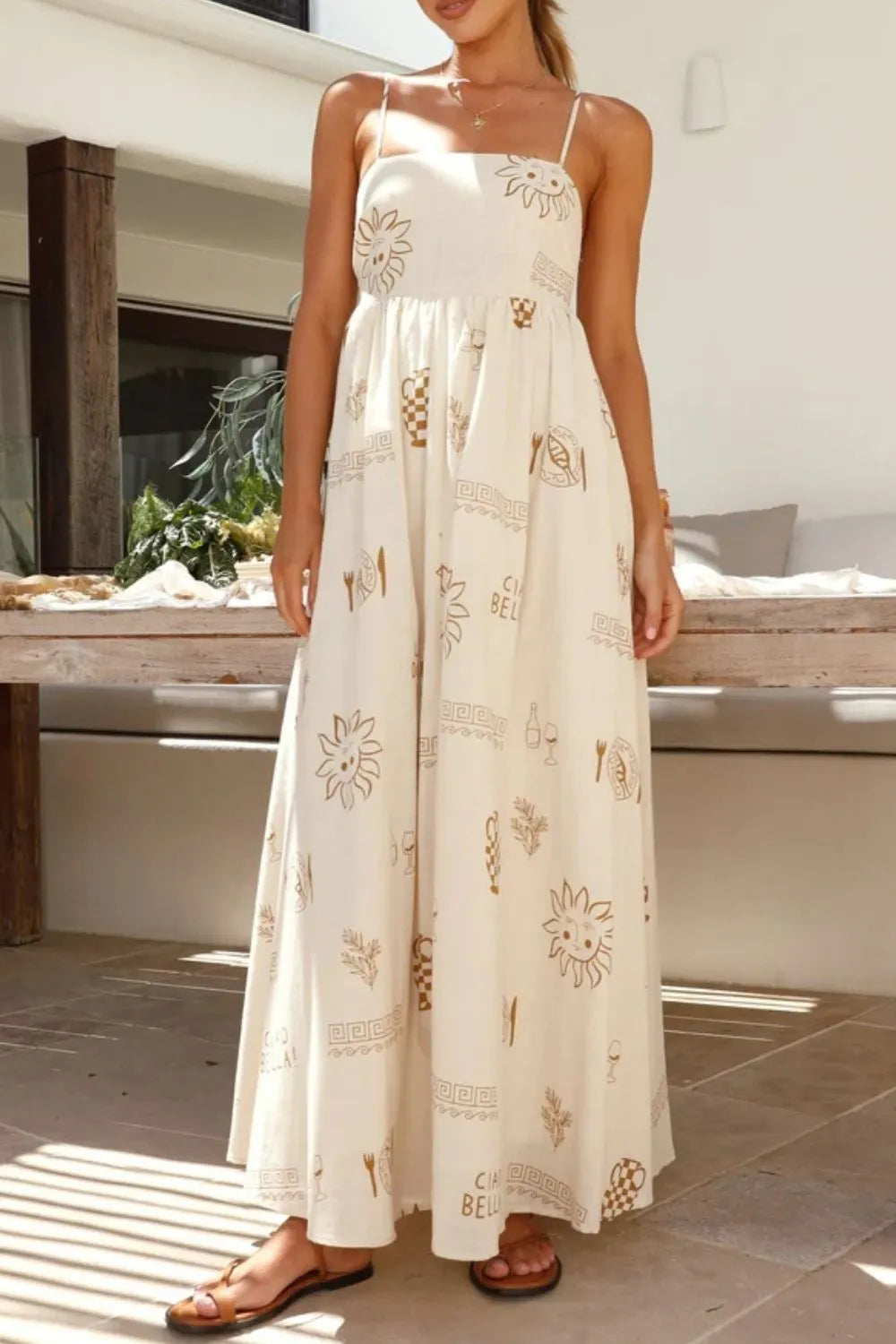 Beige Printed Square-Neck Cami Maxi Dress