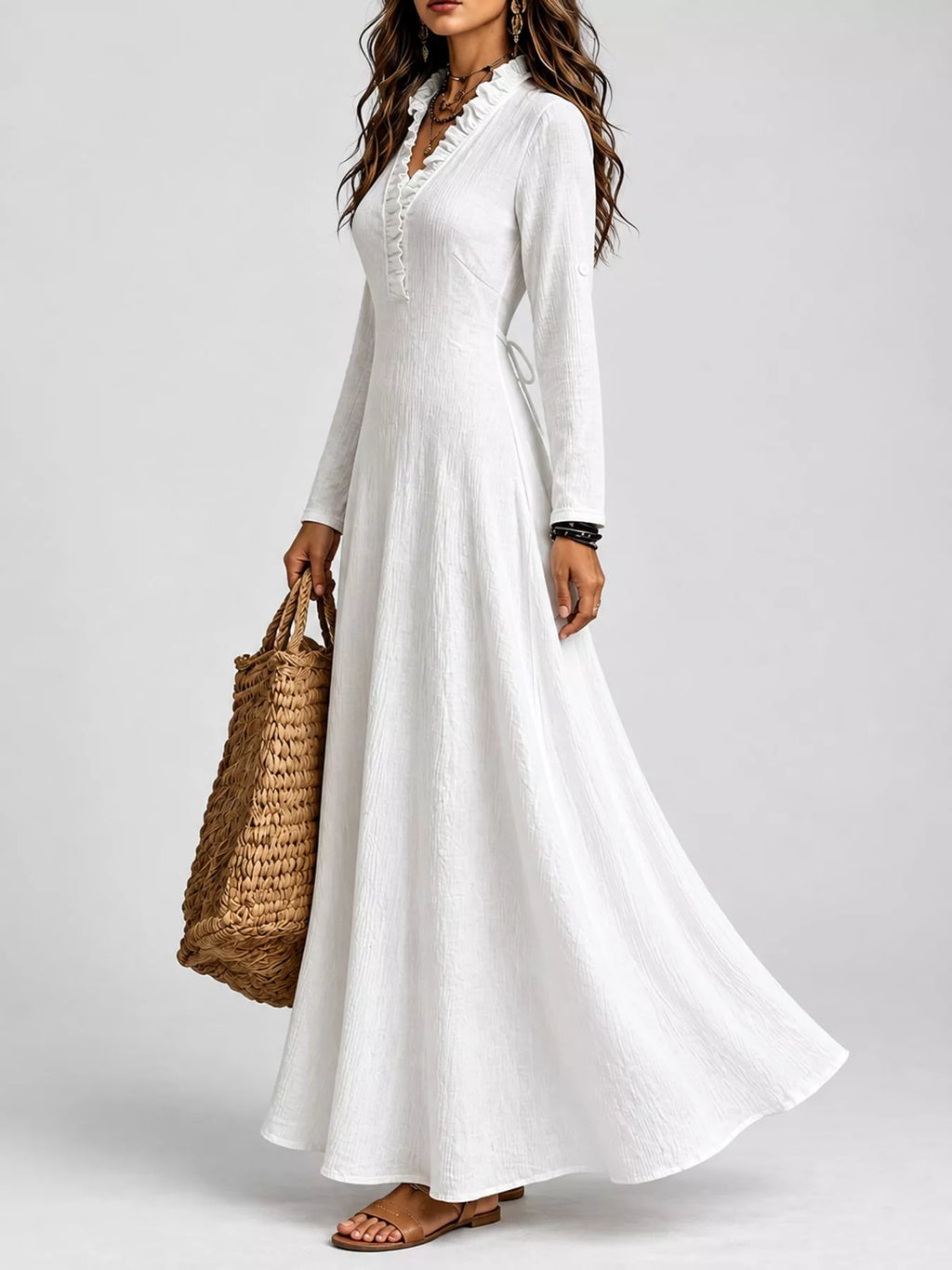Frill V-Neck Roll-Tab Sleeve Maxi Dress, XS–3XL