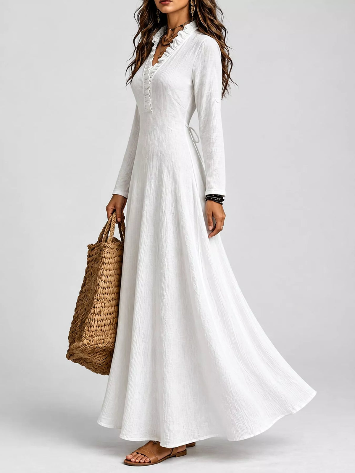 Frill V-Neck Roll-Tab Sleeve Maxi Dress, XS–3XL