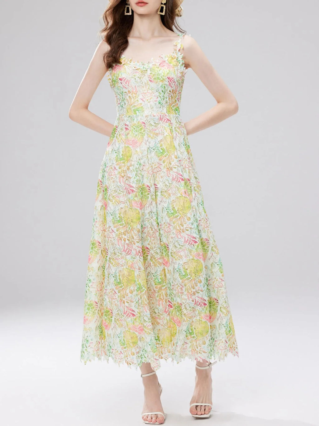 Floral Lace Sleeveless V-Neck Midi Dress