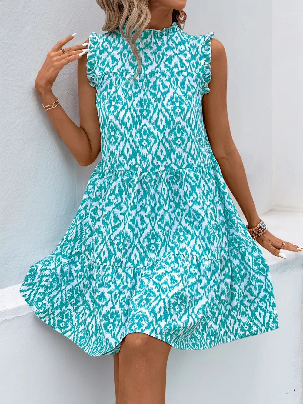 Perfee Printed Frill-Trim Sleeveless Tiered Mini Dress