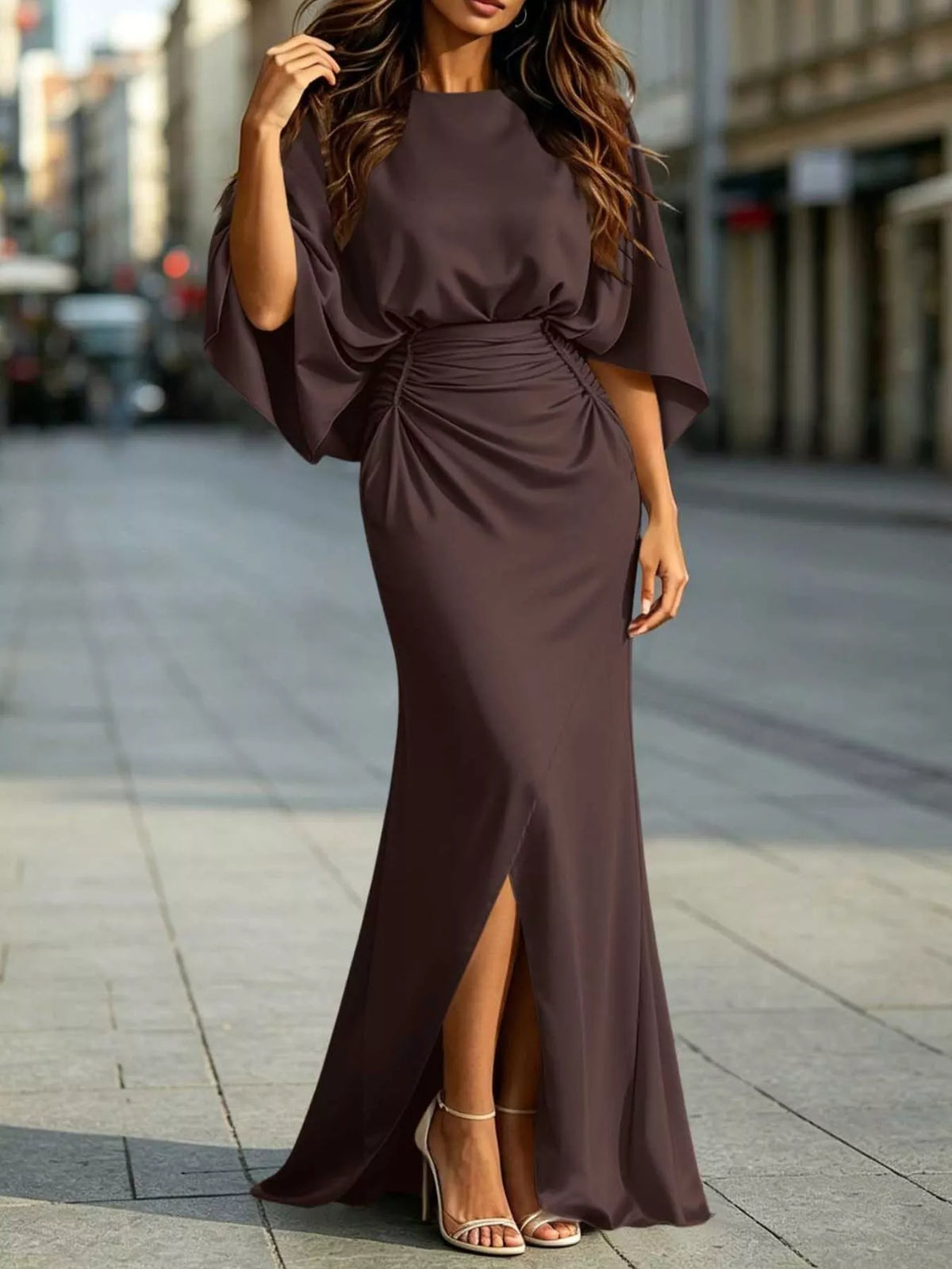 Ruched-Waist Draped-Sleeve Slit Maxi Dress with Pockets