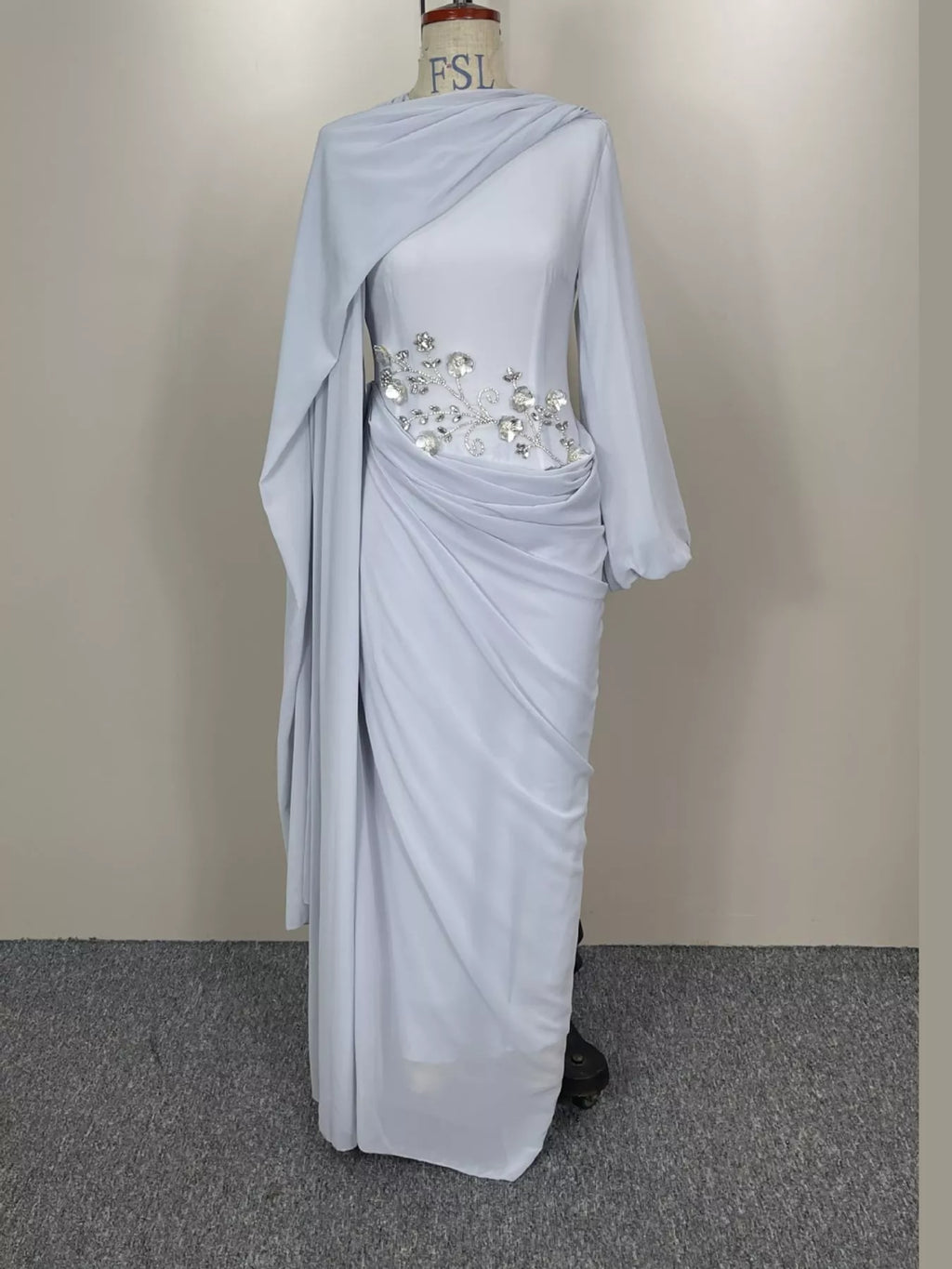 Floral-Embellished Long-Sleeve Ruched Evening Maxi Dress | S–3XL