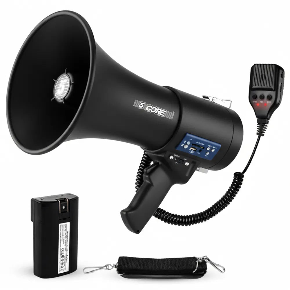 5 Core Megaphone 50W — Bluetooth Rechargeable Bullhorn with Siren, 1100 Yard Range — Prime Trend Market