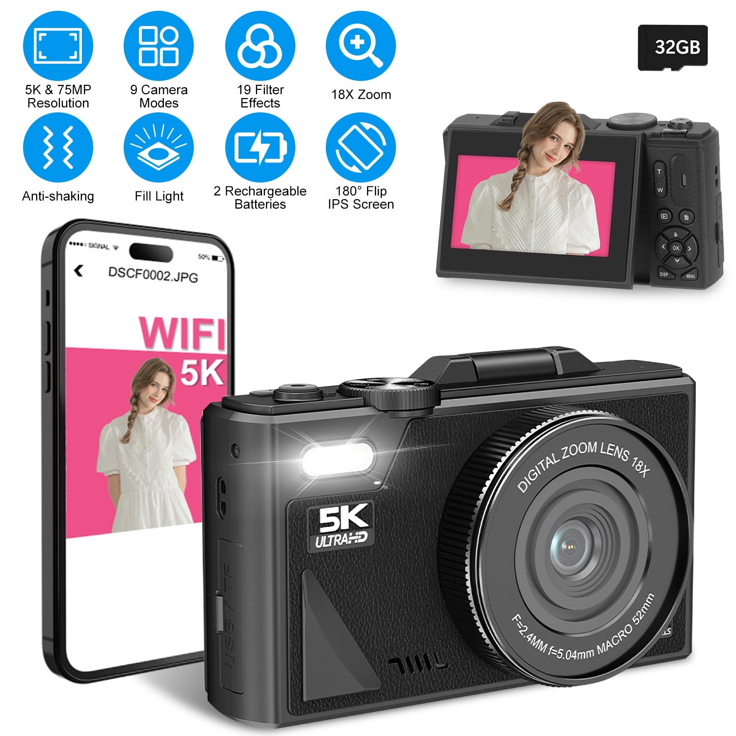 5K WiFi Vlogging Camera with Flip Screen, Fill Light & 2 Batteries — Prime Trend Market
