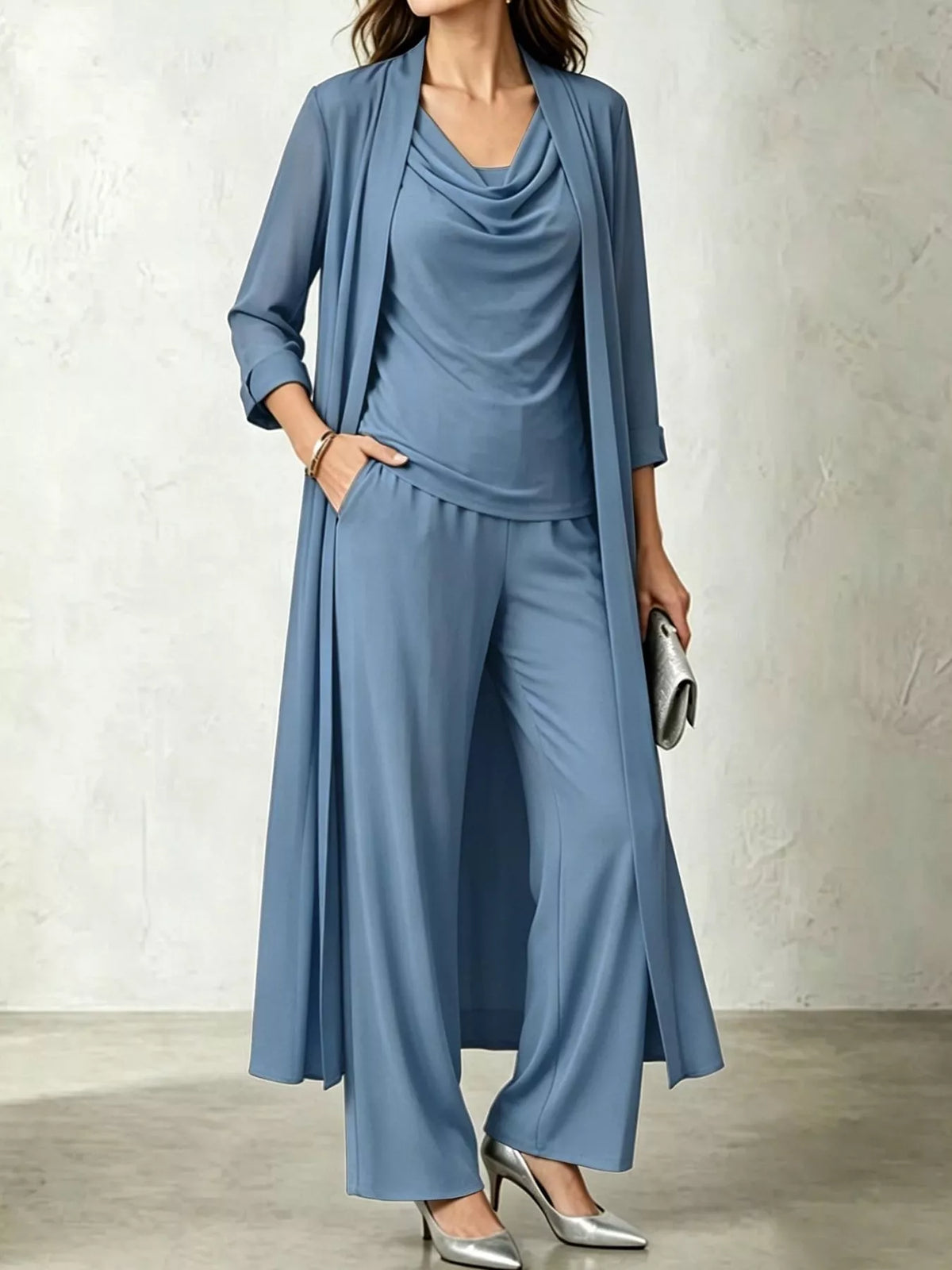 Cowl-Neck Top, Cardigan & Wide-Leg Pants Three-Piece Set