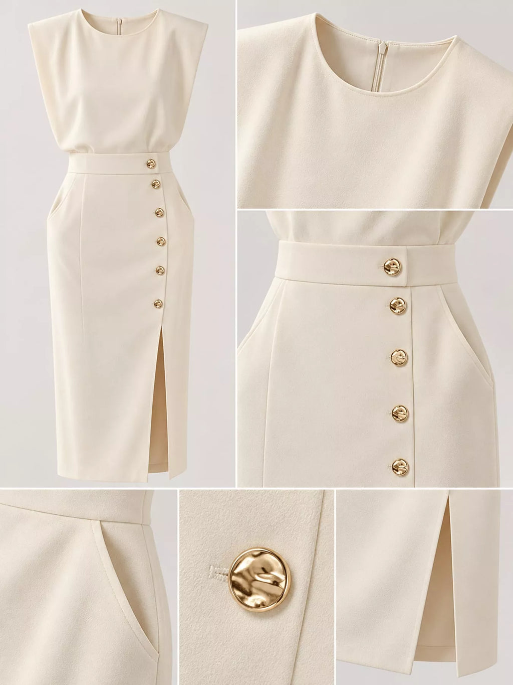 Sleeveless Gold-Tone Button-Detail Midi Dress