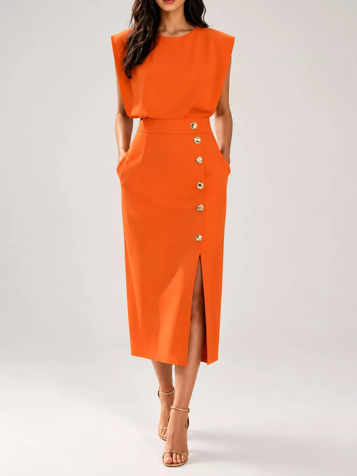 Sleeveless Gold-Tone Button-Detail Midi Dress