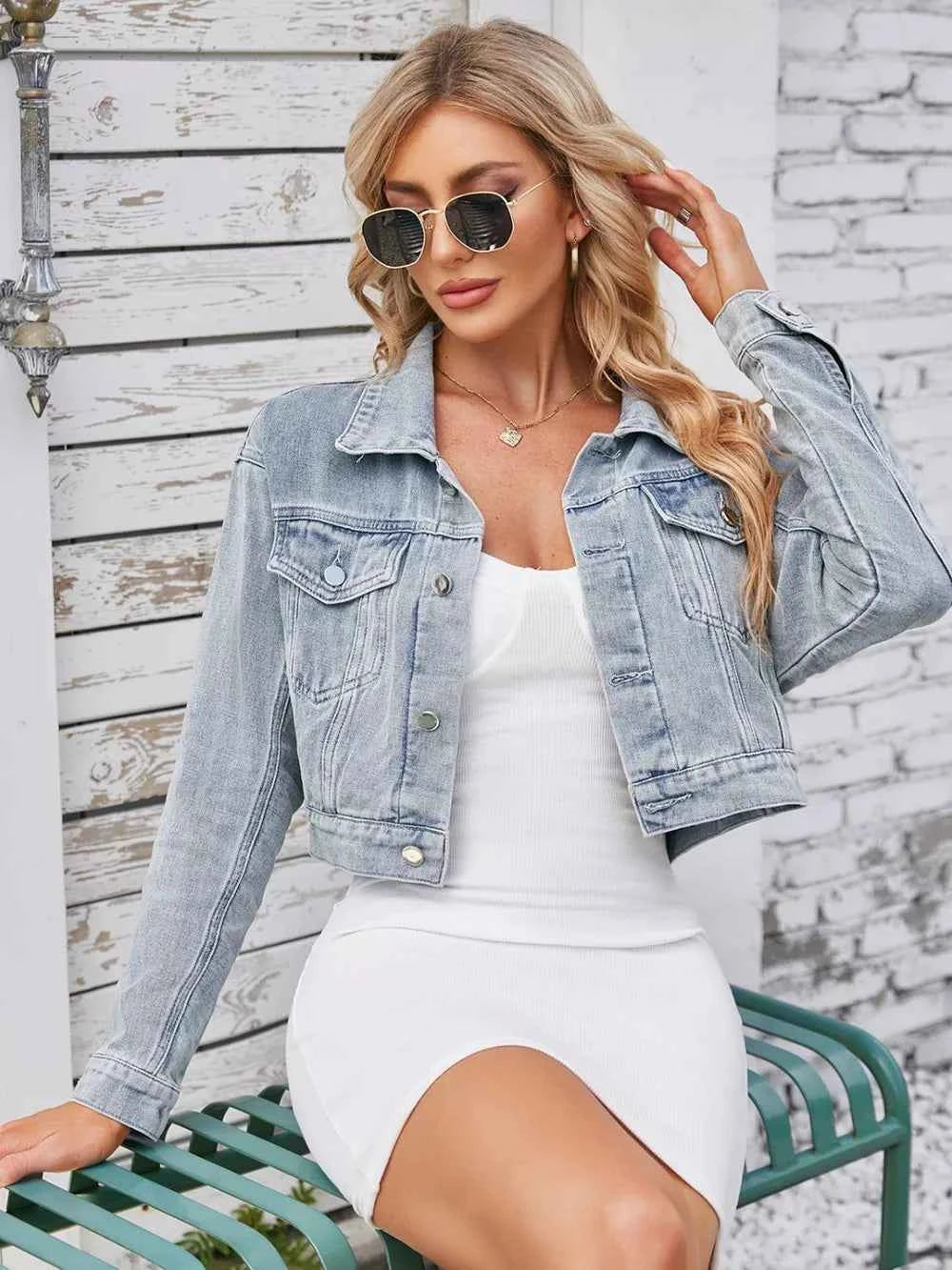 Cloudy Blue Cropped Denim-Look Jacket