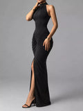 Ruched High-Neck Sleeveless Slit Maxi Dress
