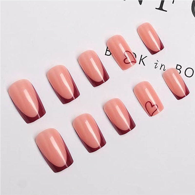 24 PCS Press On Nails – Wine Red Heart French Tip, Medium Square, Gel Acrylic — Prime Trend Market