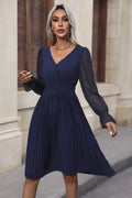 V-Neck Flounce-Sleeve Pleated Dress
