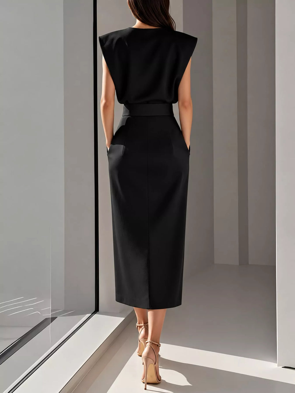 Sleeveless Gold-Tone Button-Detail Midi Dress