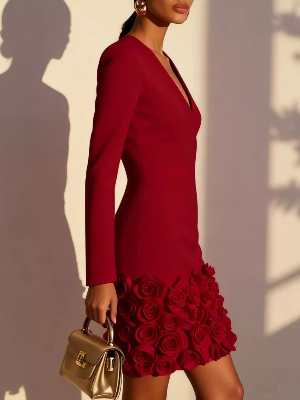 V-Neck Long-Sleeve Mini Dress with 3D Rose Hem