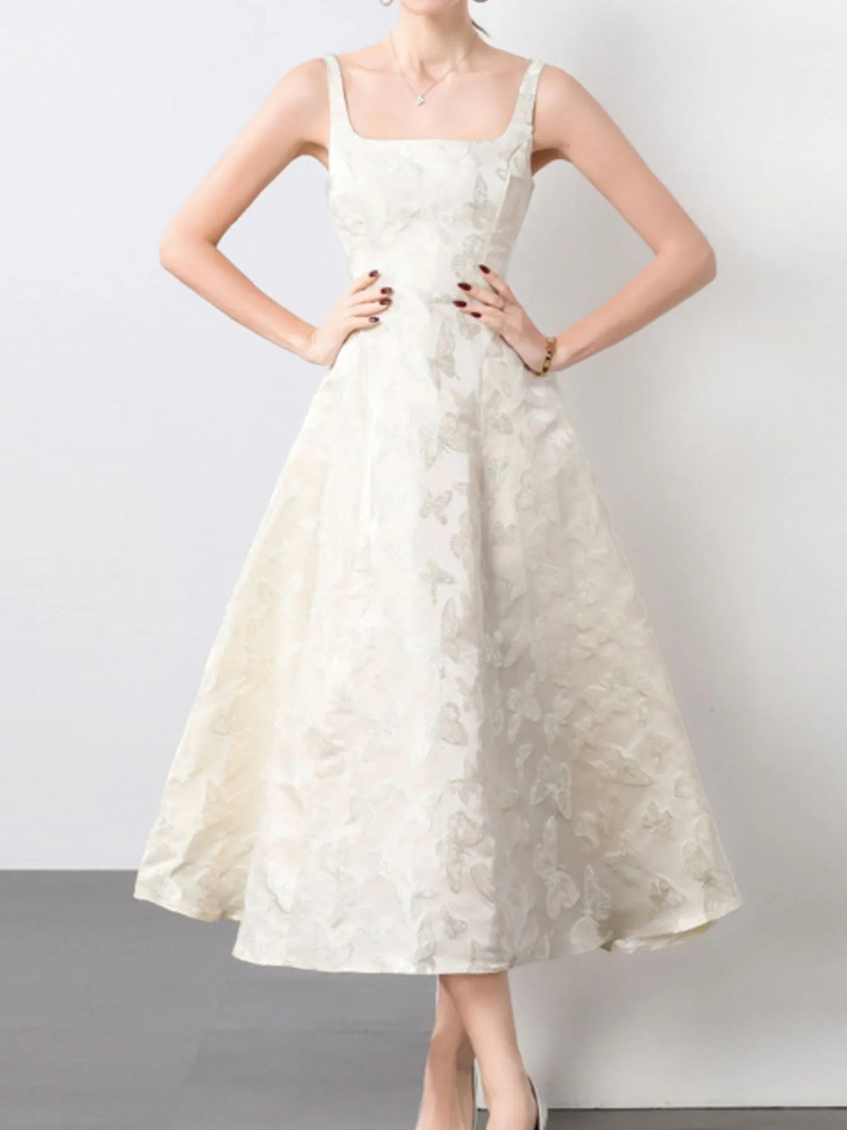 Apricot Butterfly-Embroidered Sleeveless A-Line Midi Dress