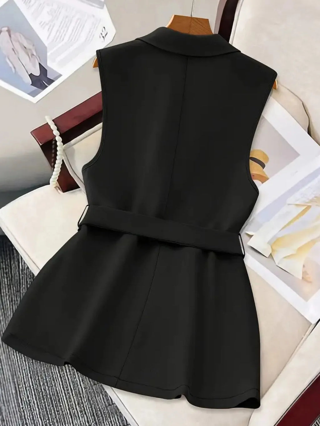 Black Tie-Waist Lapel-Collar Sleeveless Blazer