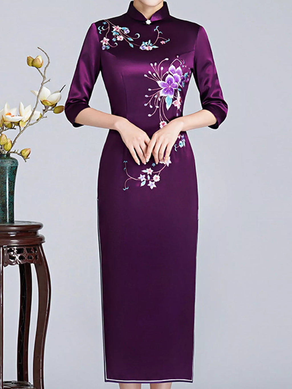 Elea Floral-Embroidered Slim-Fit Cheongsam Dress | M–4XL