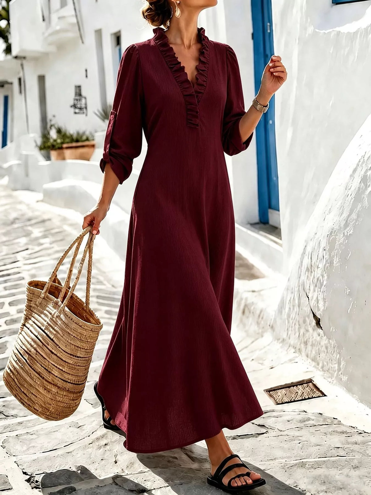 Frill V-Neck Roll-Tab Sleeve Maxi Dress, XS–3XL