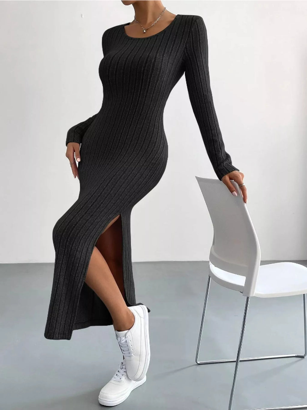 Long-Sleeve Side-Slit Ribbed Knit Midi Dress