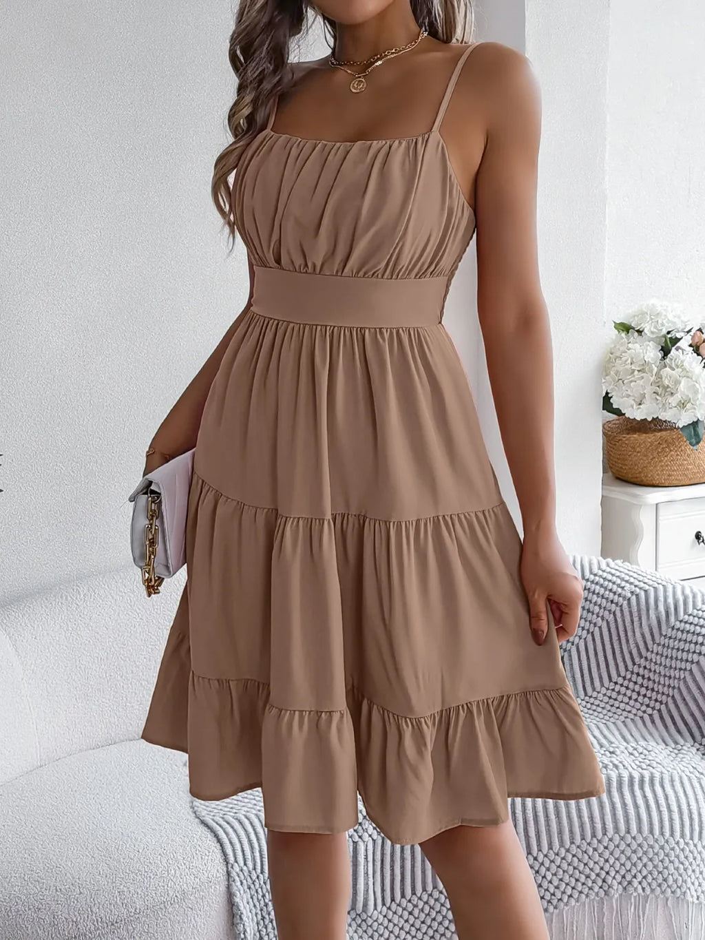 Smocked-Back Tiered Cami Mini Dress
