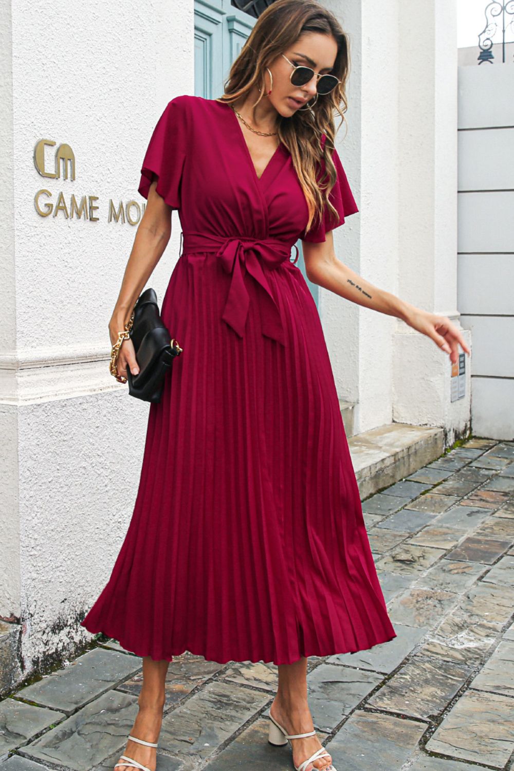 Flutter-Sleeve Belted Surplice Midi Dress