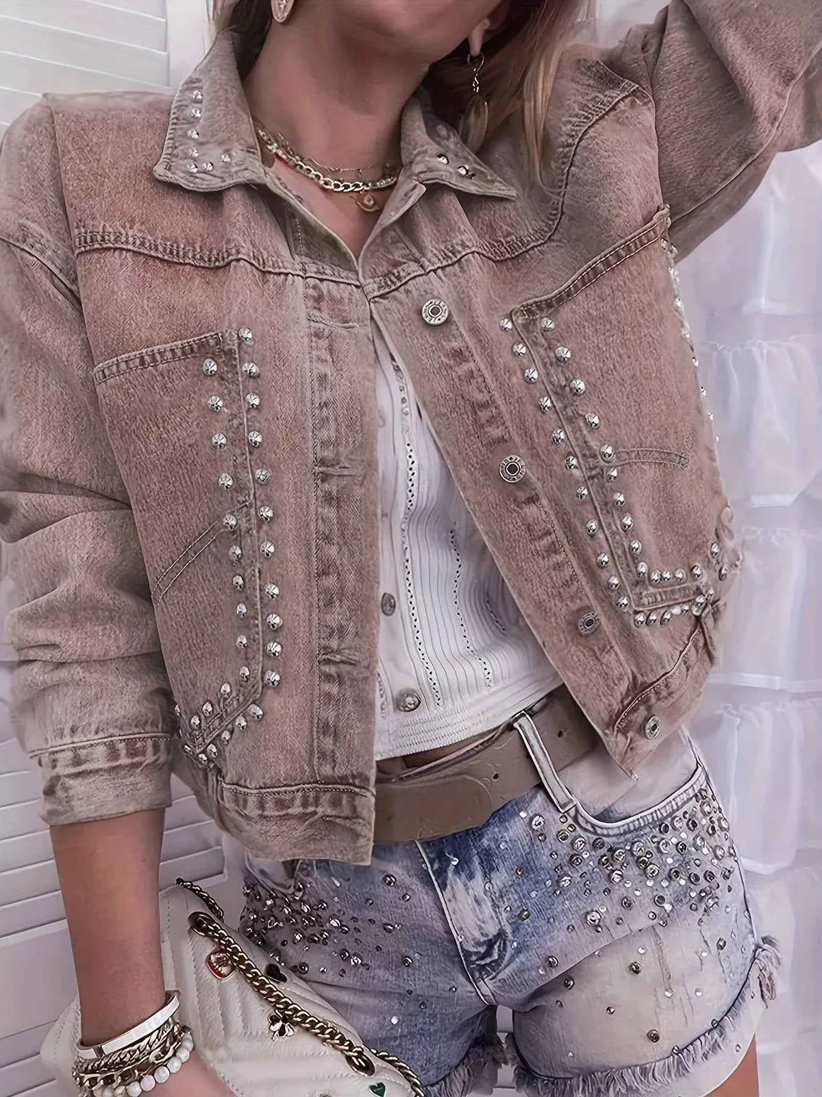 Studded Button-Up Washed Denim Jacket
