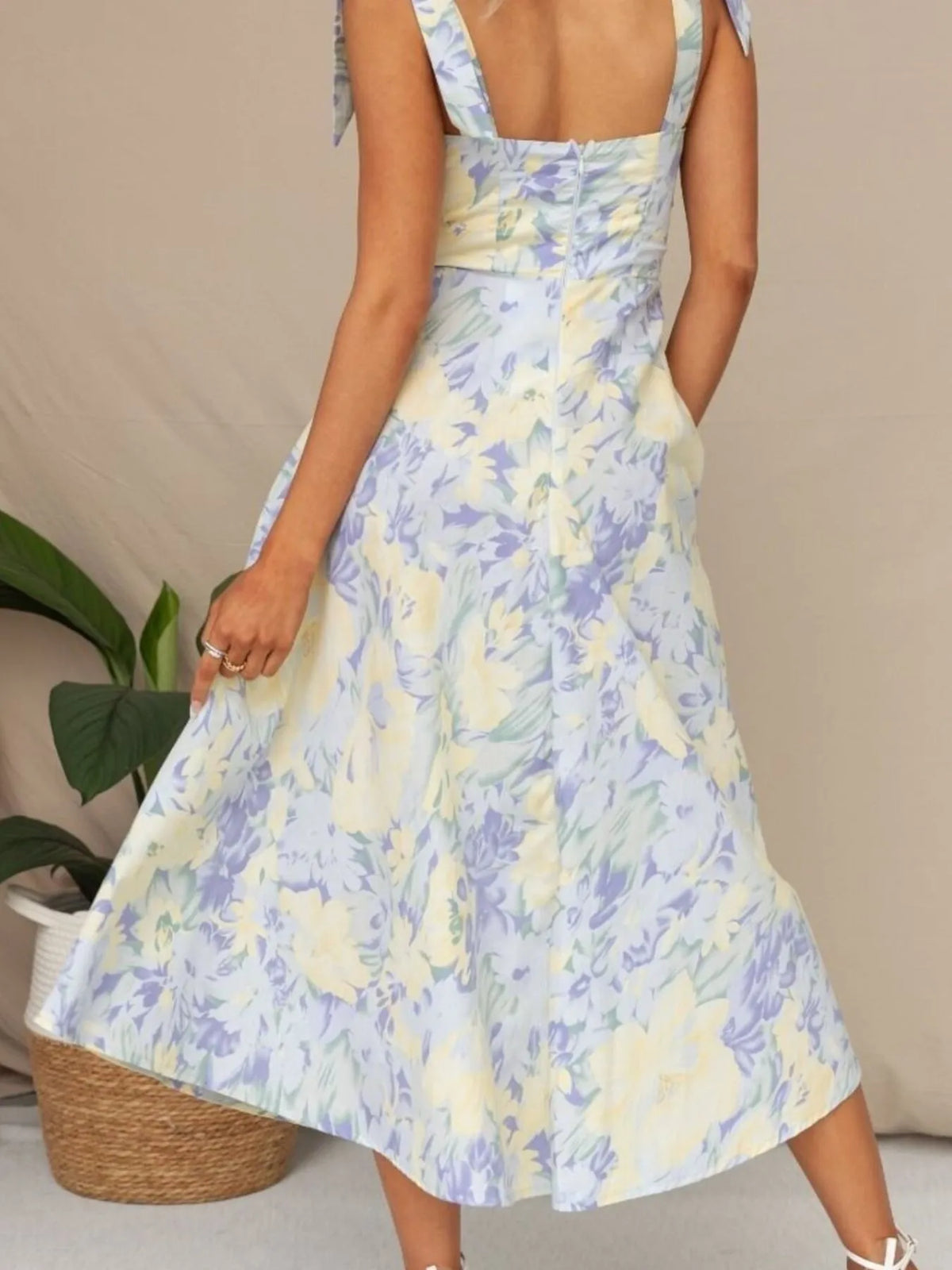 Floral Tie-Strap Sweetheart Midi Dress