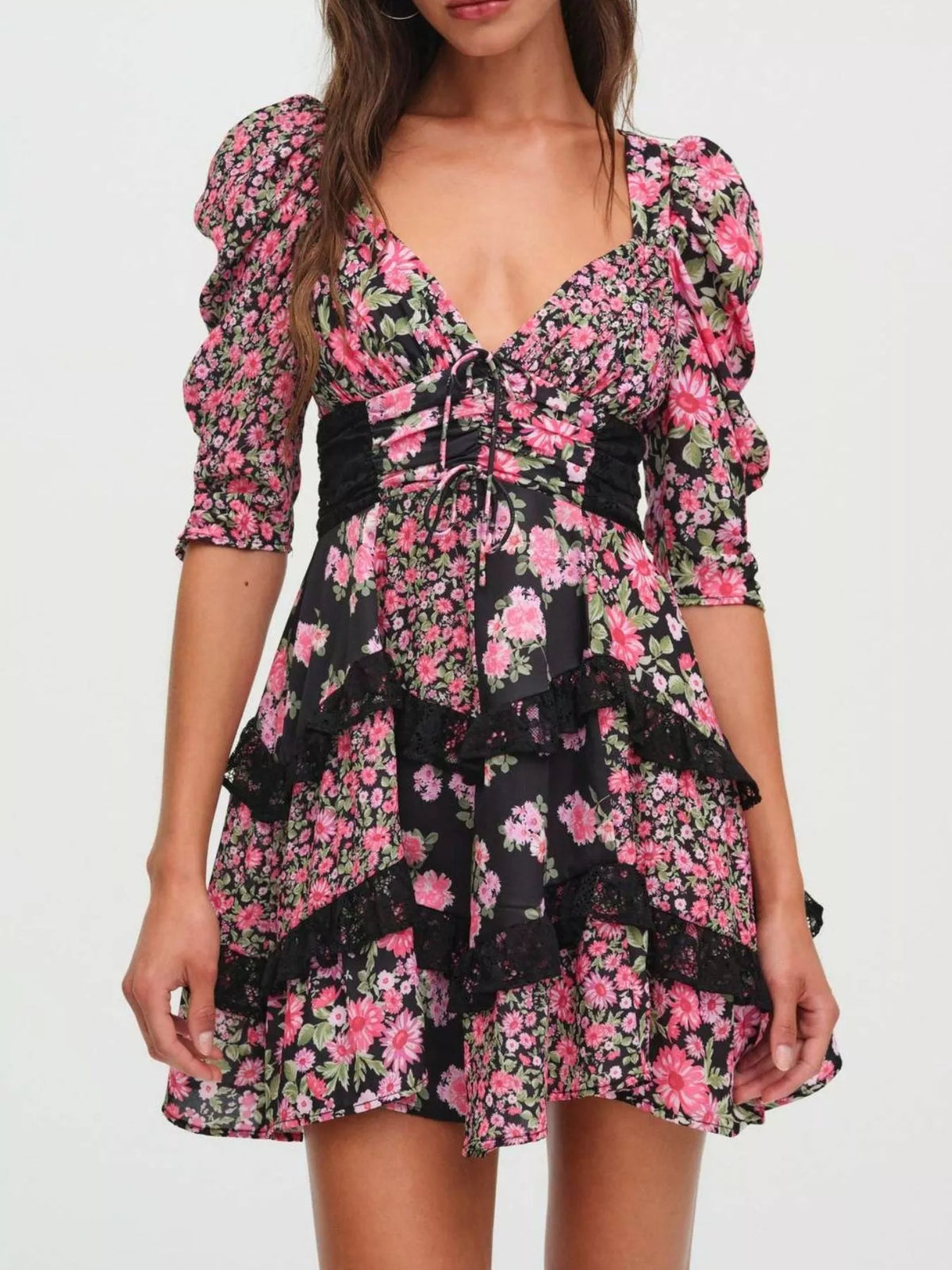 Ruffled Floral-Print Half-Sleeve Dress
