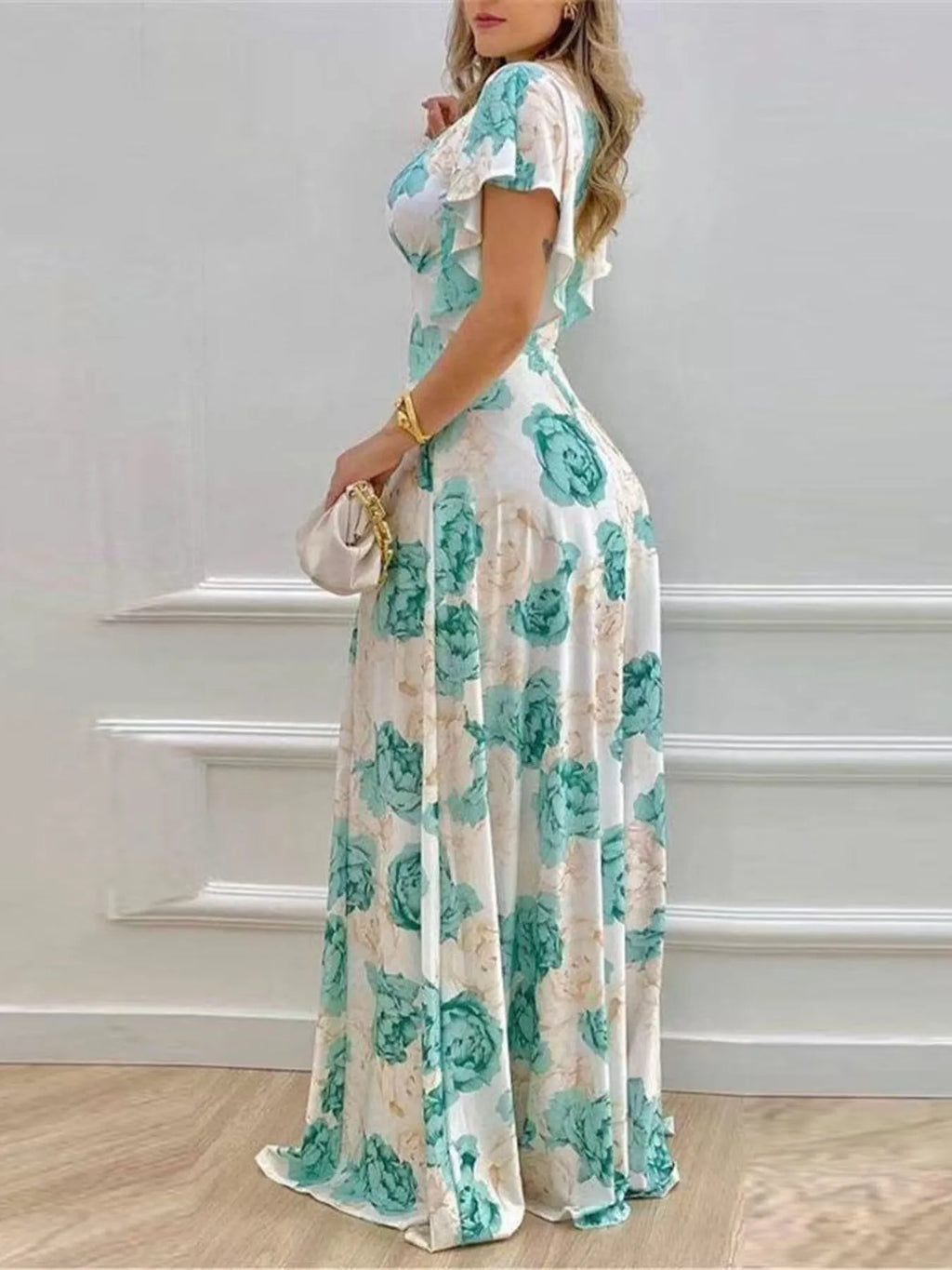 Plus Size Floral V-Neck Flutter-Sleeve Maxi Dress