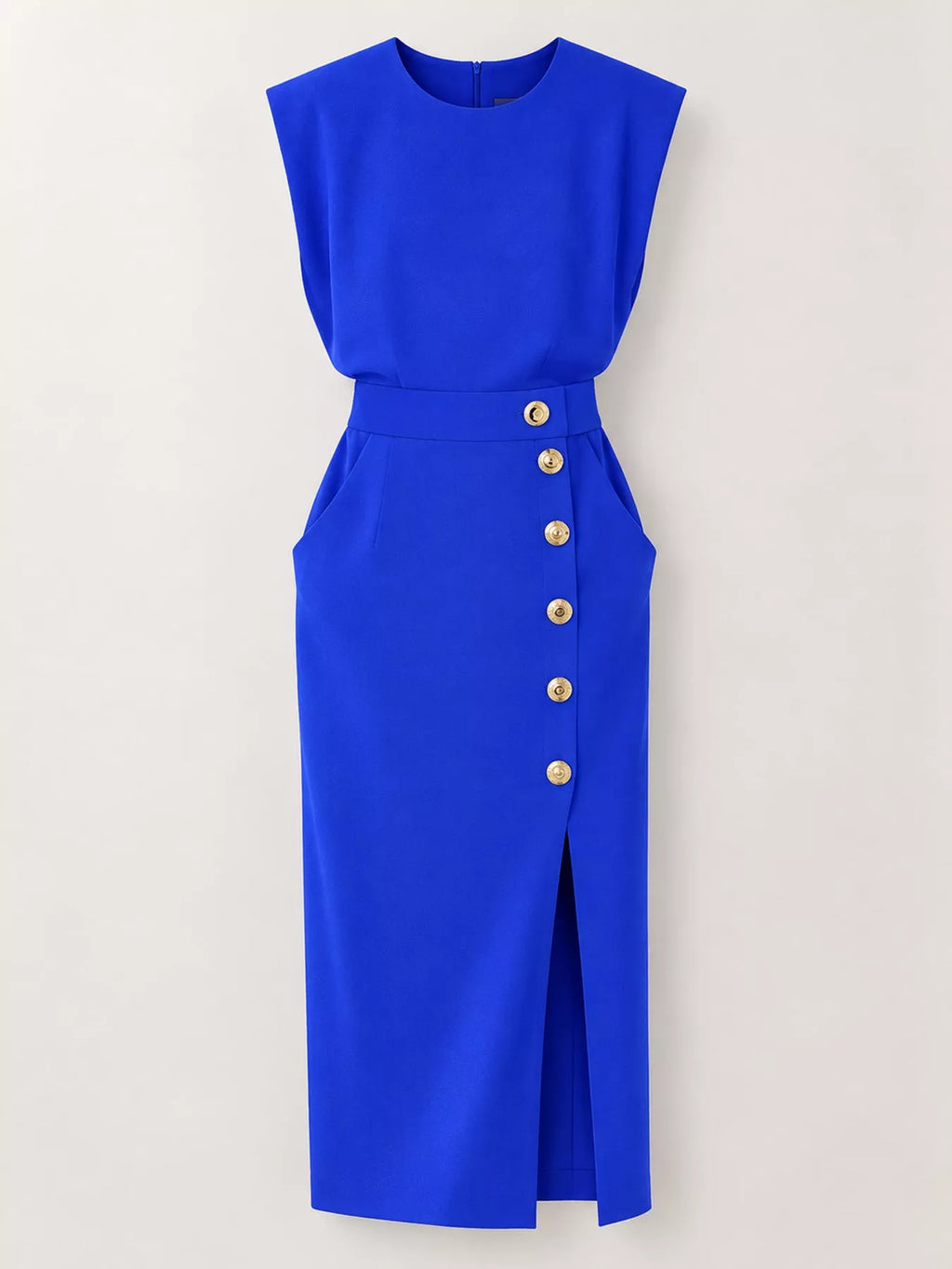 Sleeveless Gold-Tone Button-Detail Midi Dress