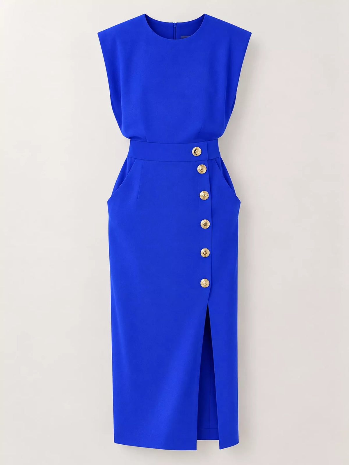 Sleeveless Gold-Tone Button-Detail Midi Dress