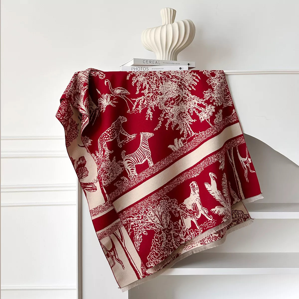 Deep Red Wildlife Raw-Hem Scarf