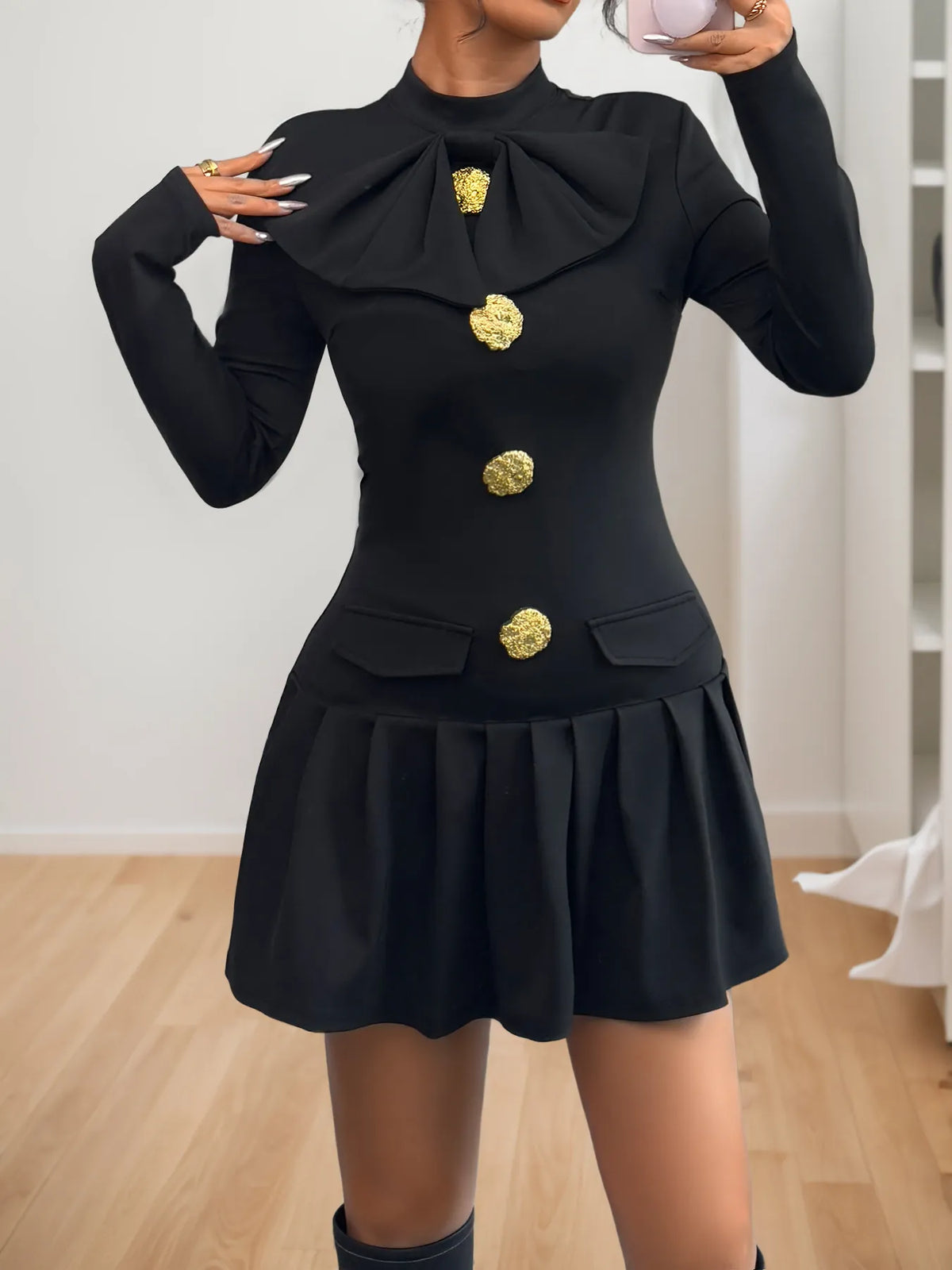 Perfee Black Decorative-Button Mock-Neck Mini Dress