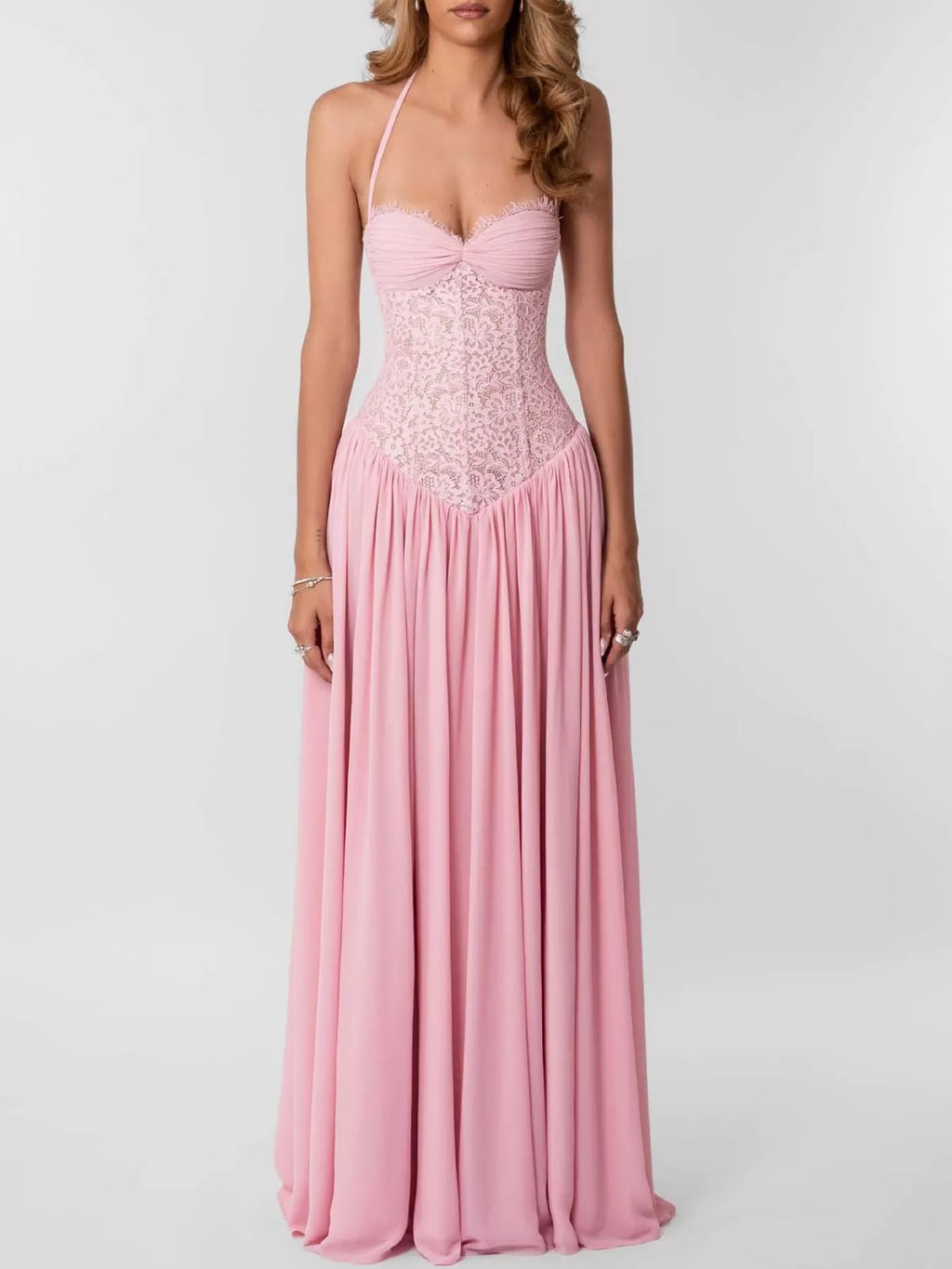 Lace Corset-Style Halter Maxi Dress